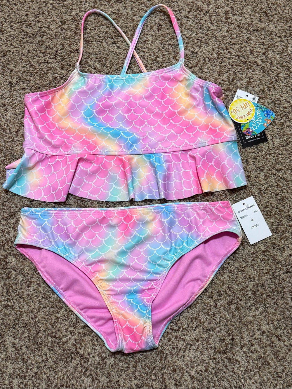 Breaking Waves Mermaid Print Ruffle Bikini Set Girls 16 NWT
